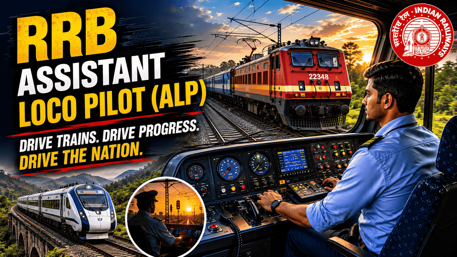 RRB Assistant Loco Pilot (ALP) featuring a loco pilot operating a train from the locomotive cabin, a red Indian Railways engine on tracks, modern trains, and bold typography highlighting the ALP career in Indian Railways.